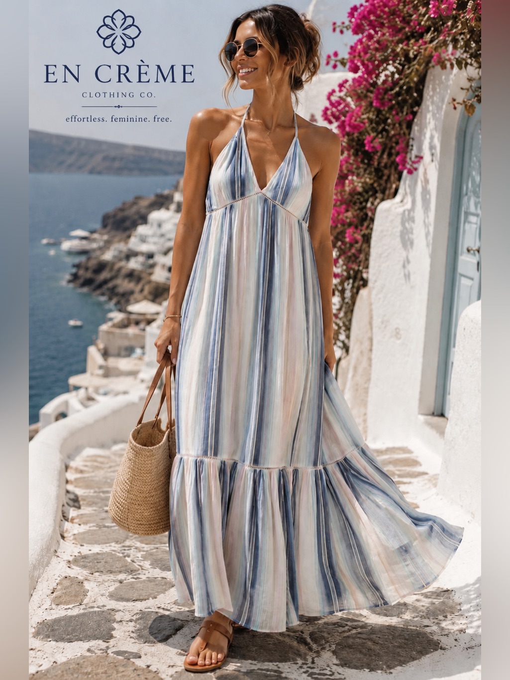En Crme Cotton Gauze Halter Maxi Dress M Pastel Stripe Tiered Boho Beach Resort